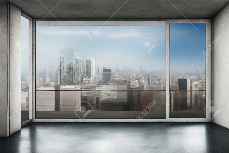 Empty loft style room with concrete floor and city view