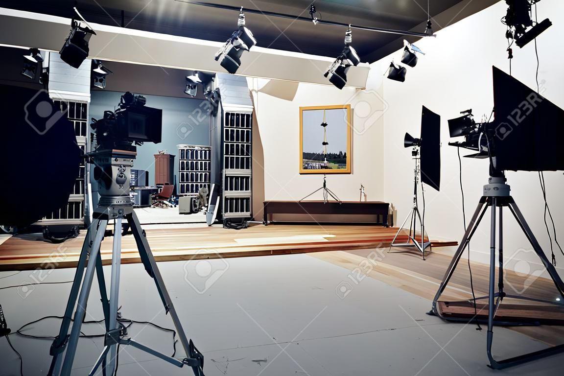 Film studio with cameras and movie equipment