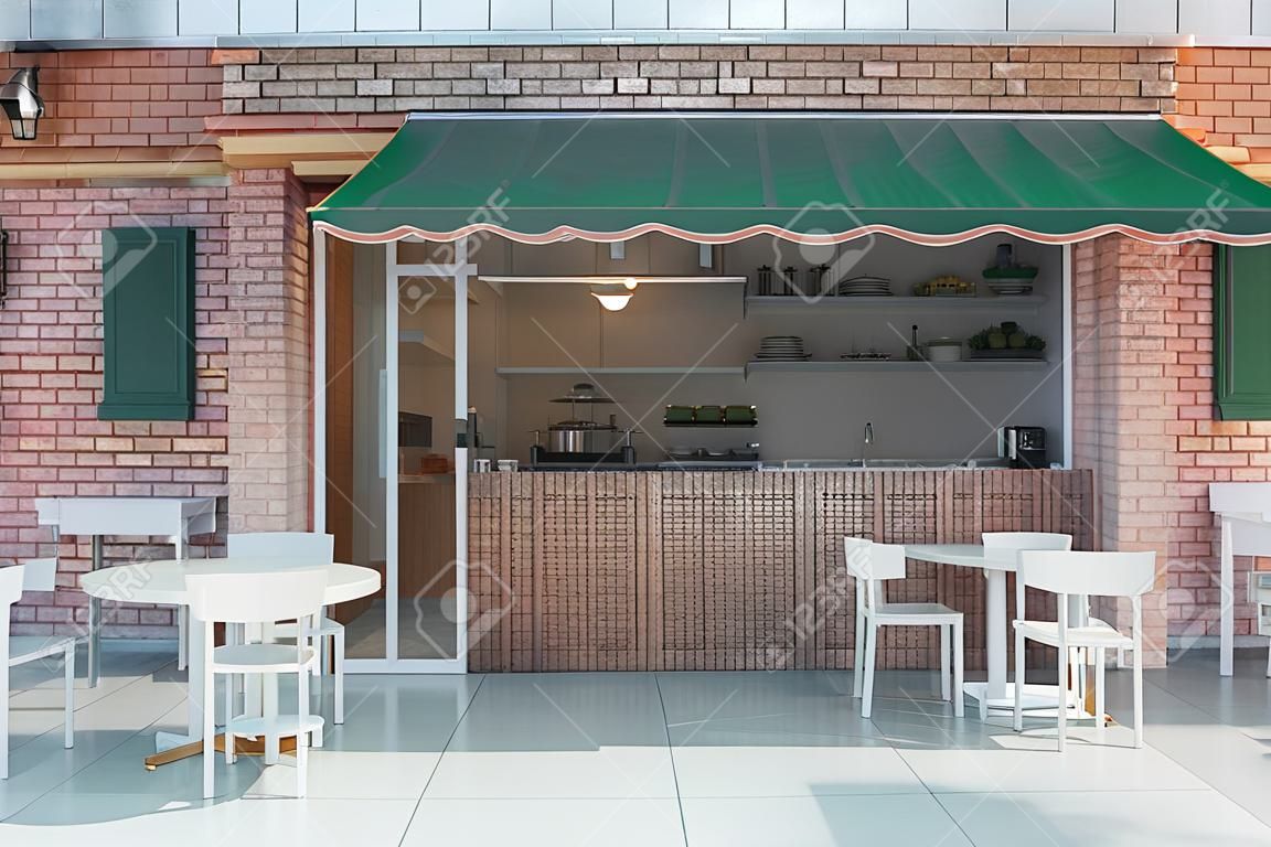 Tuğla duvarlar ve yeşil kanopi dış tasarımlı kafe. 3D Görüntü Oluşturma