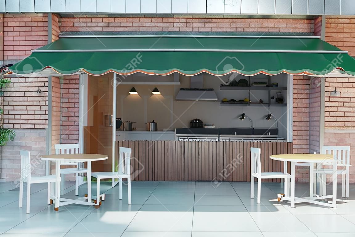 벽돌 벽과 녹색 캐노피 외관 디자인 카페. 3D 렌더링