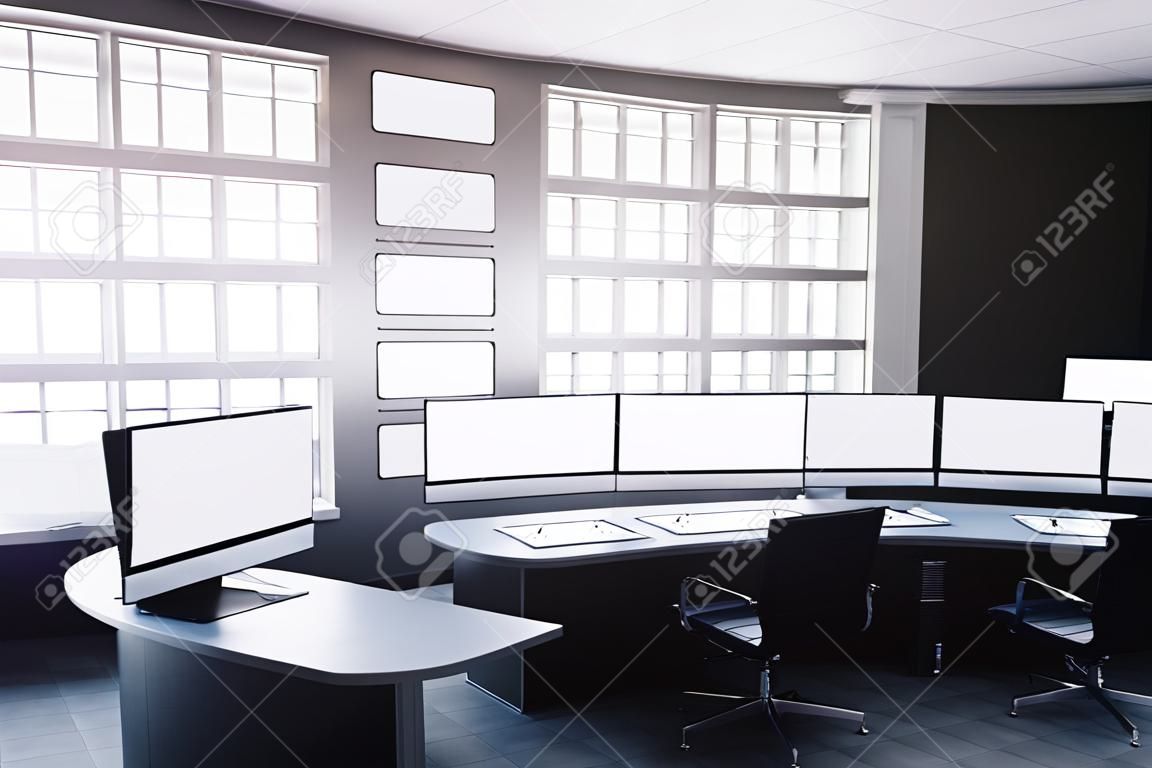 Vista lateral de la sala de seguridad con escritorio, sillas y monitores en blanco. Representación 3D