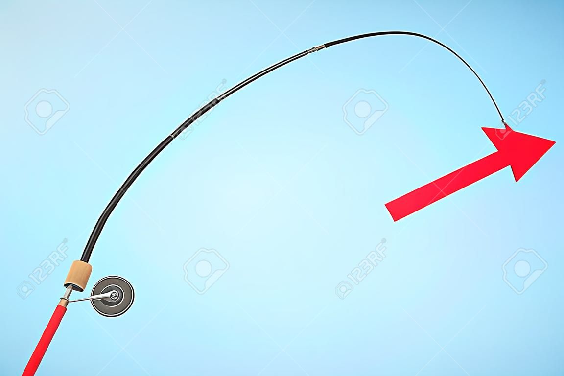 Upward chart arrow suspended on fishing rod. Blue background. Business management concept. 3D Rendering