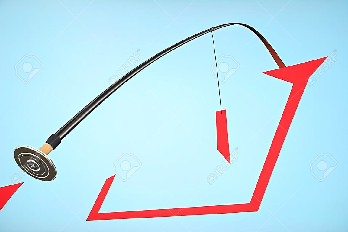 Upward chart arrow suspended on fishing rod. Blue background. Business management concept. 3D Rendering