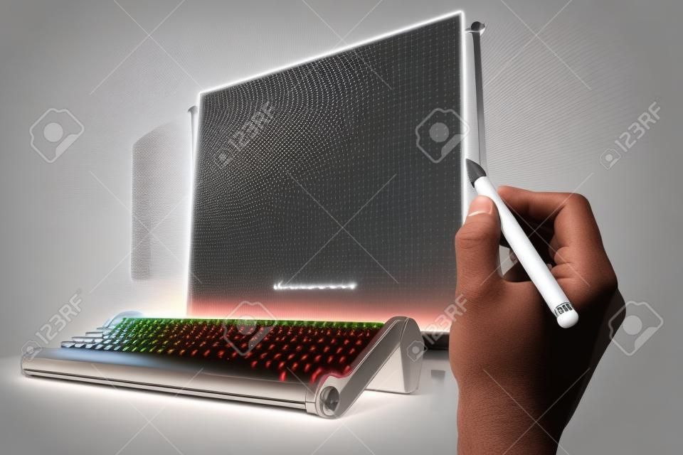 Man's hand drawing abstract typing machine on light background. 3D Rendering