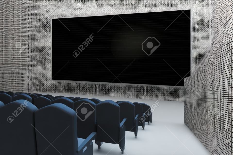 Side view of cinema with blank screen. Mock up, Ad concept, 3D Rendering