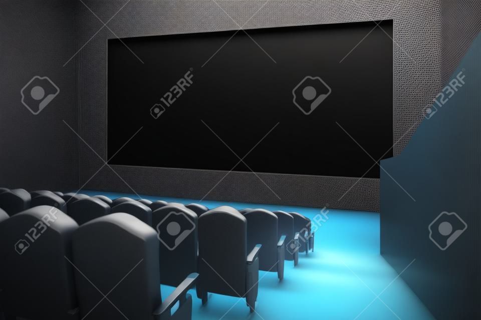 Side view of cinema with blank screen. Mock up, Ad concept, 3D Rendering