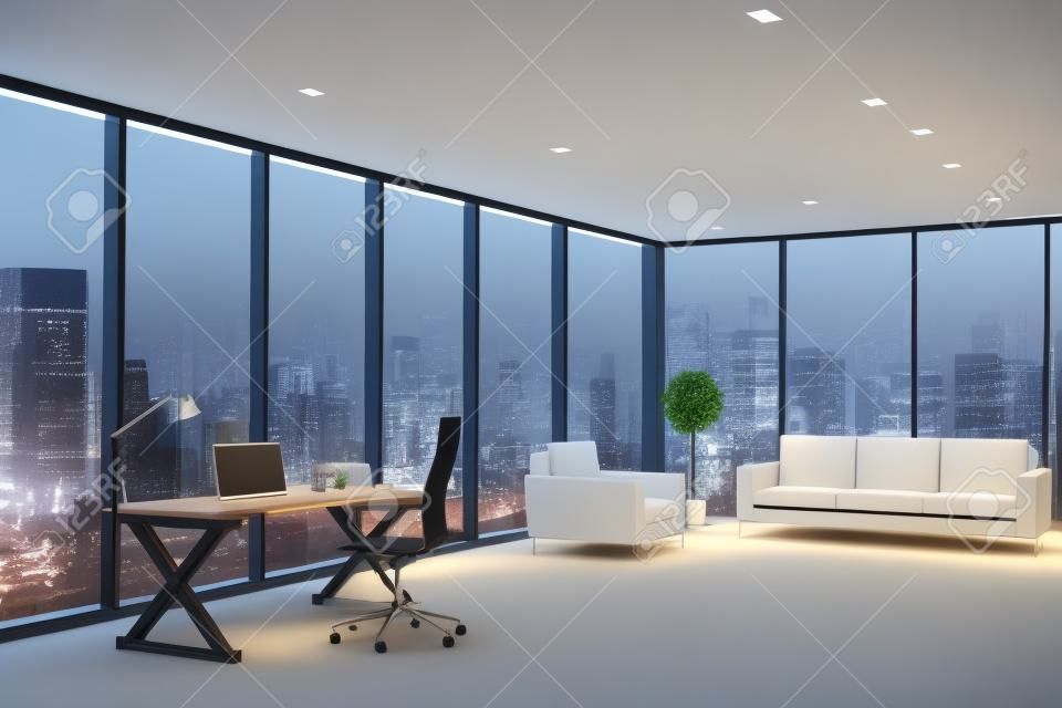 Interiore moderno dell'ufficio con il posto di lavoro, l'area del salotto e la vista della città di notte. Rendering 3D