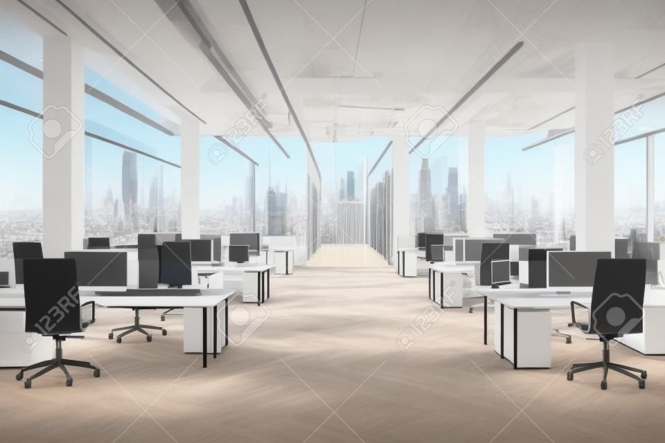 Interior de la oficina con vistas a la ciudad. Representación 3D