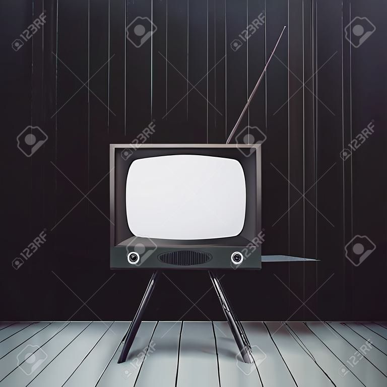 Minimalistyczne wnętrze z pustym przestarzałym ekranem telewizyjnym. Reklama, koncepcja handlowa. Makieta, renderowanie 3D
