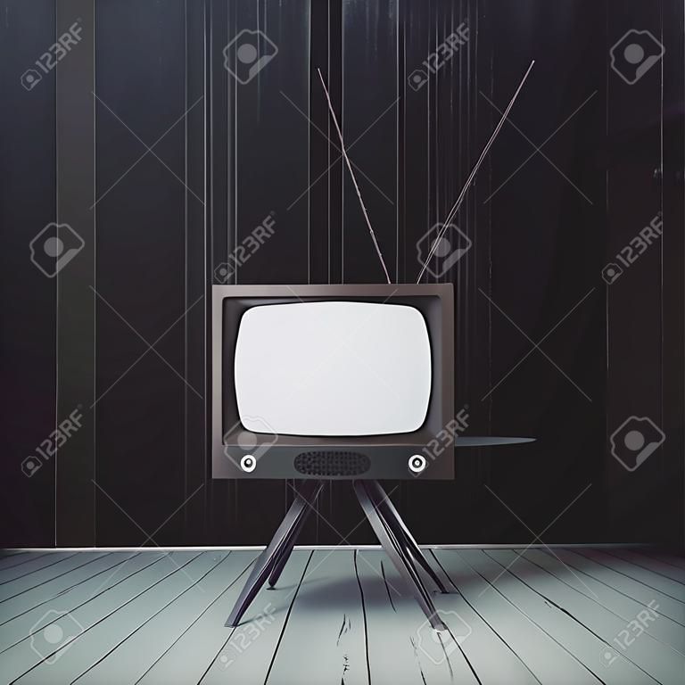 Minimalistyczne wnętrze z pustym przestarzałym ekranem telewizyjnym. Reklama, koncepcja handlowa. Makieta, renderowanie 3D