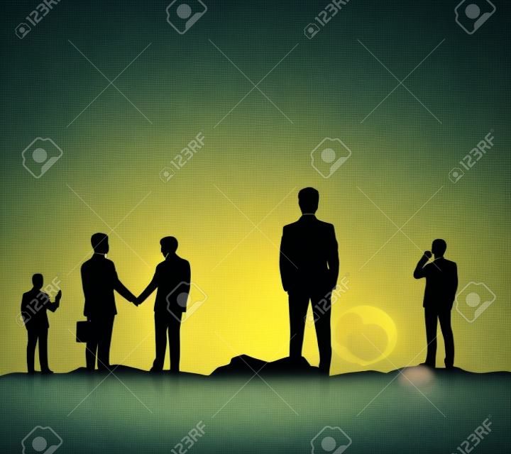 Back view of businessmen silhouettes on abstract landscape background. Meeting concept. 3D Rendering 