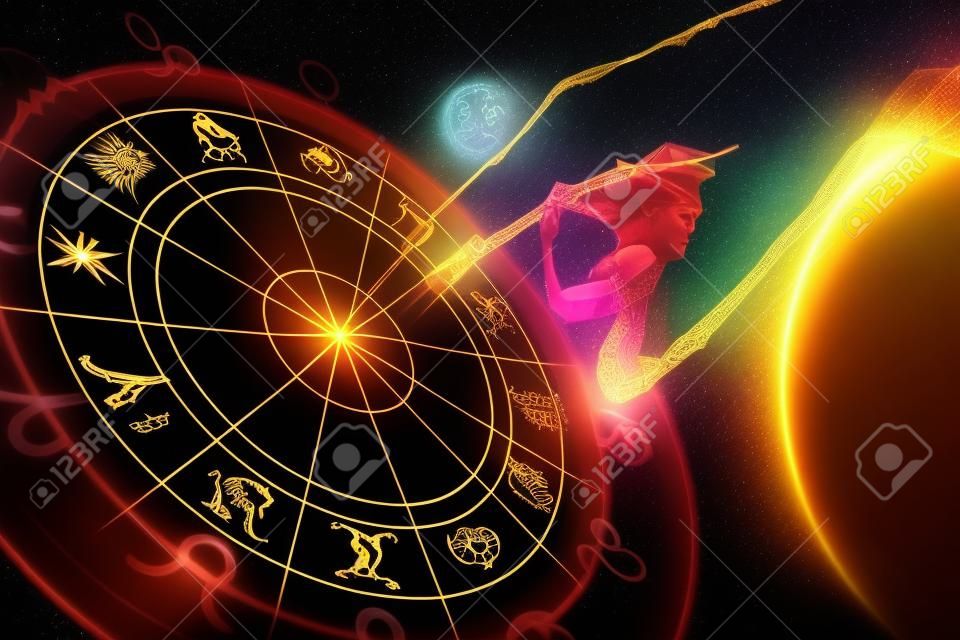 Creative glowing astrologic zodiac horoscope backdrop. Astrology concept. 3D Rendering 