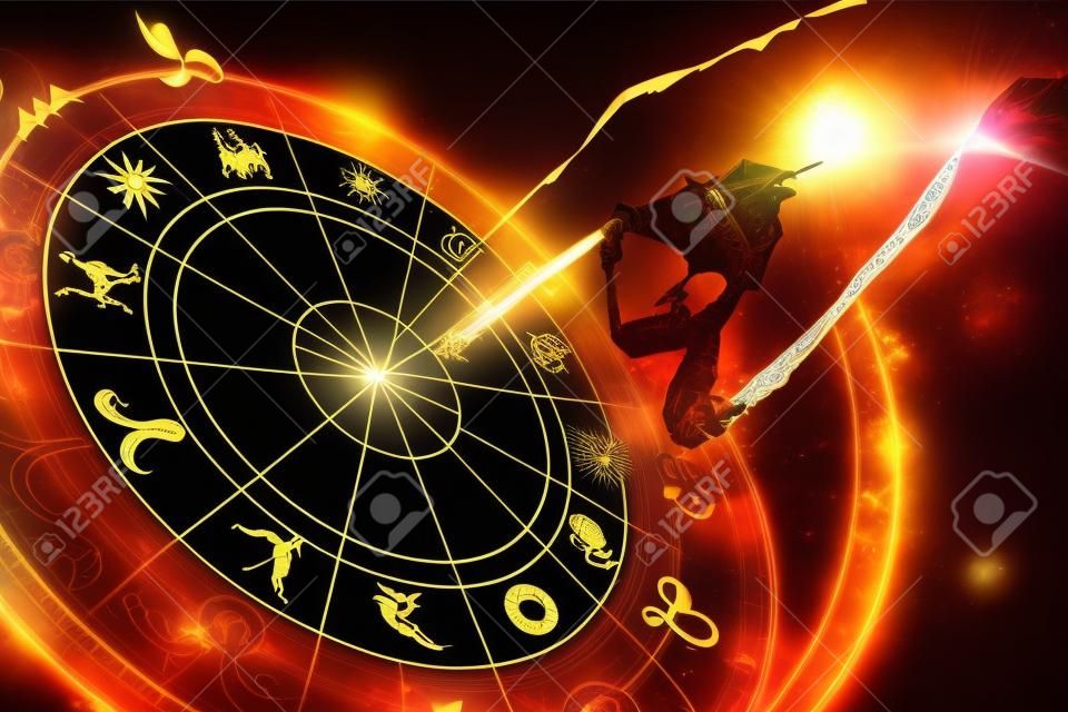 Creative glowing astrologic zodiac horoscope backdrop. Astrology concept. 3D Rendering 