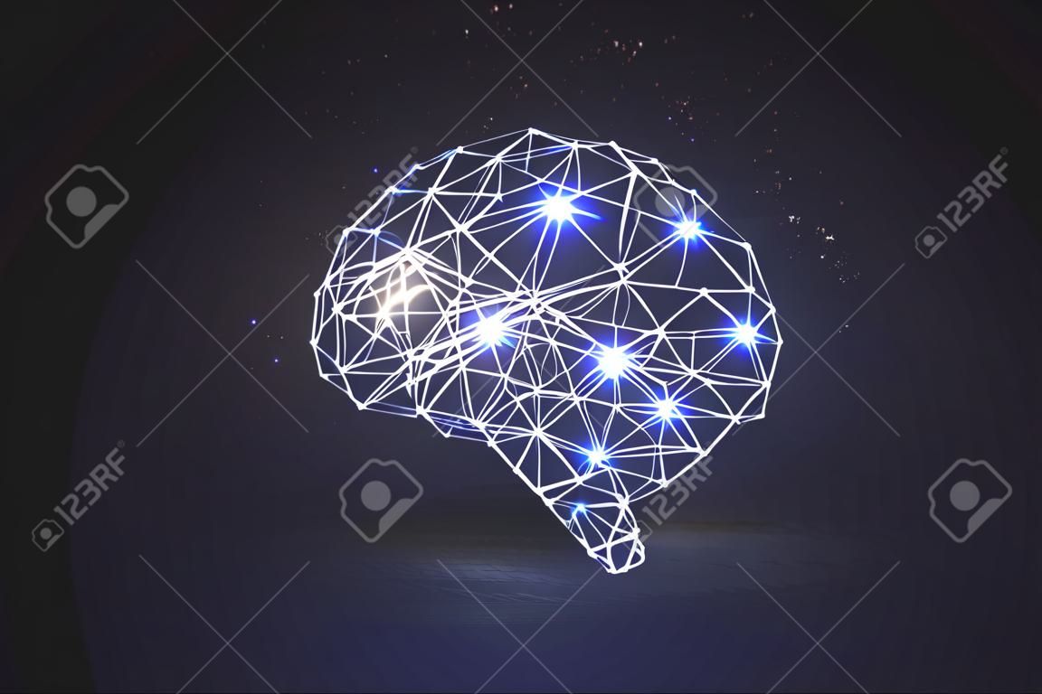Абстрактный светящийся многоугольный мозг на темном фоне. Концепция искусственного интеллекта и инноваций. 3D-рендеринг