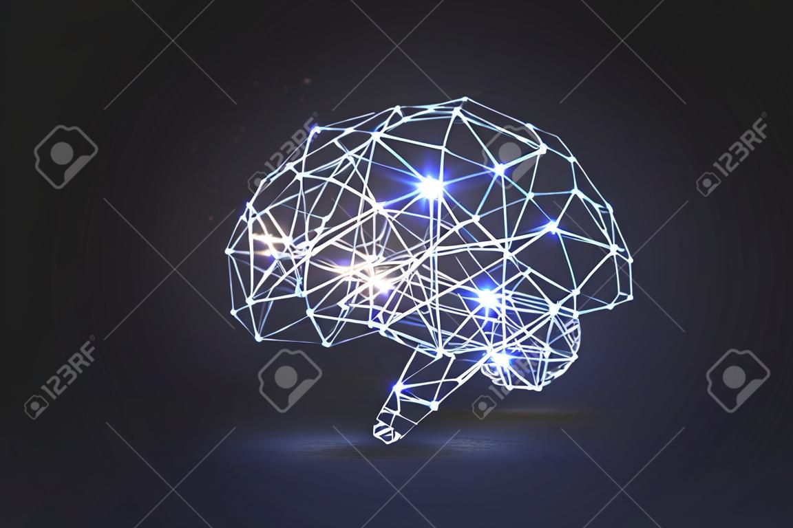 Abstract glowing polygonal brain on dark background. Artificial intelligence and innovation concept. 3D Rendering 