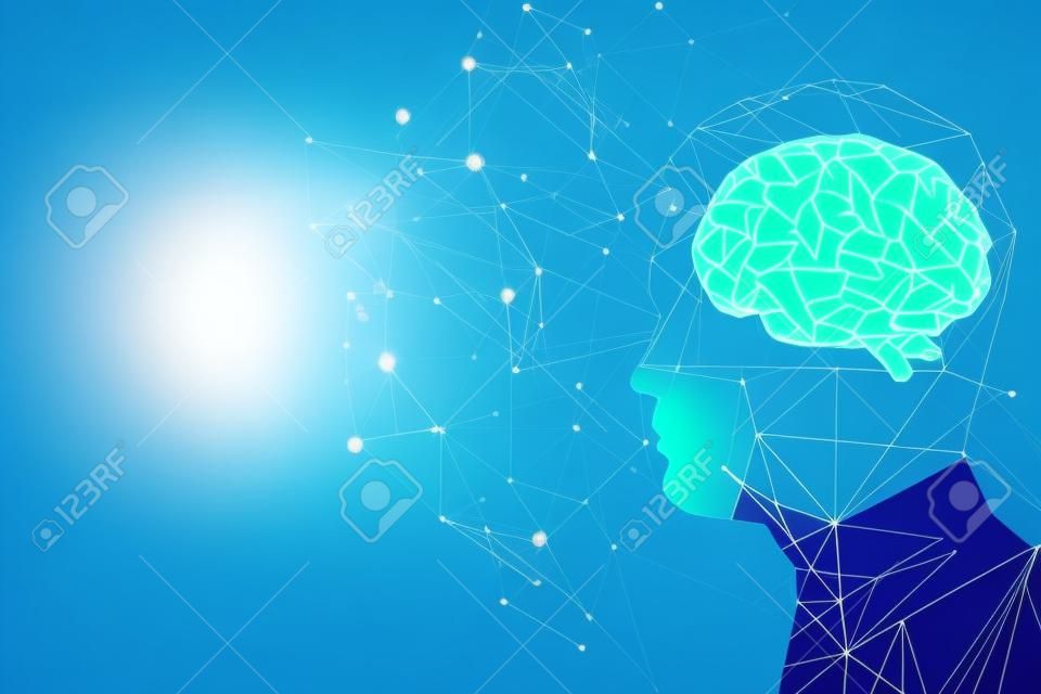 Man profile silhouette with abstract polygonal brain on blue background. Artificial intelligence and mind concept. 3D Rendering 