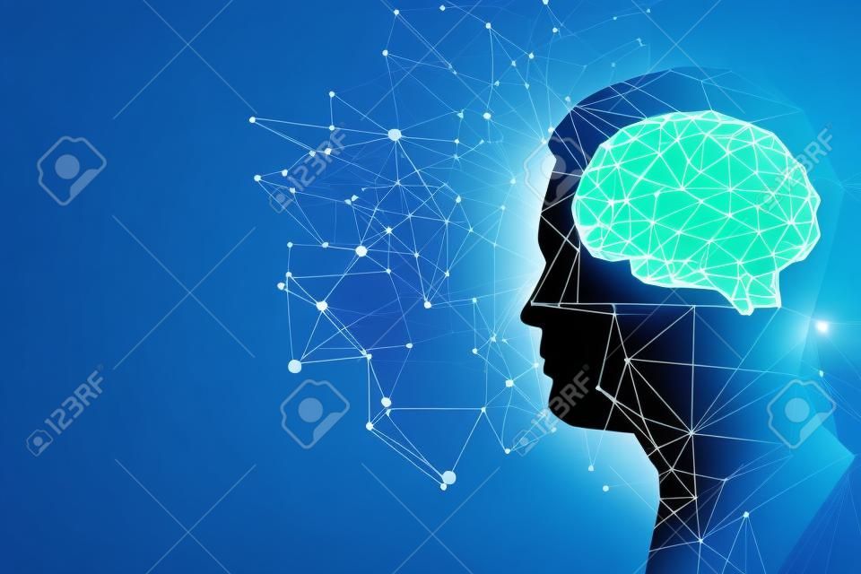 파란색 배경에 추상 다각형 두뇌와 남자 프로필 실루엣. 인공 지능과 마음 개념. 3D 렌더링