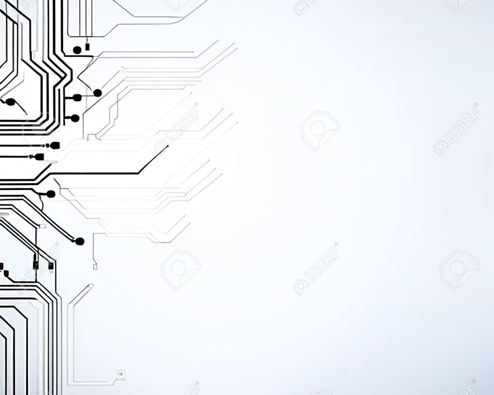 コピースペースを持つ創造的な白い回路の壁紙。テクノロジーとコンピューティングの概念