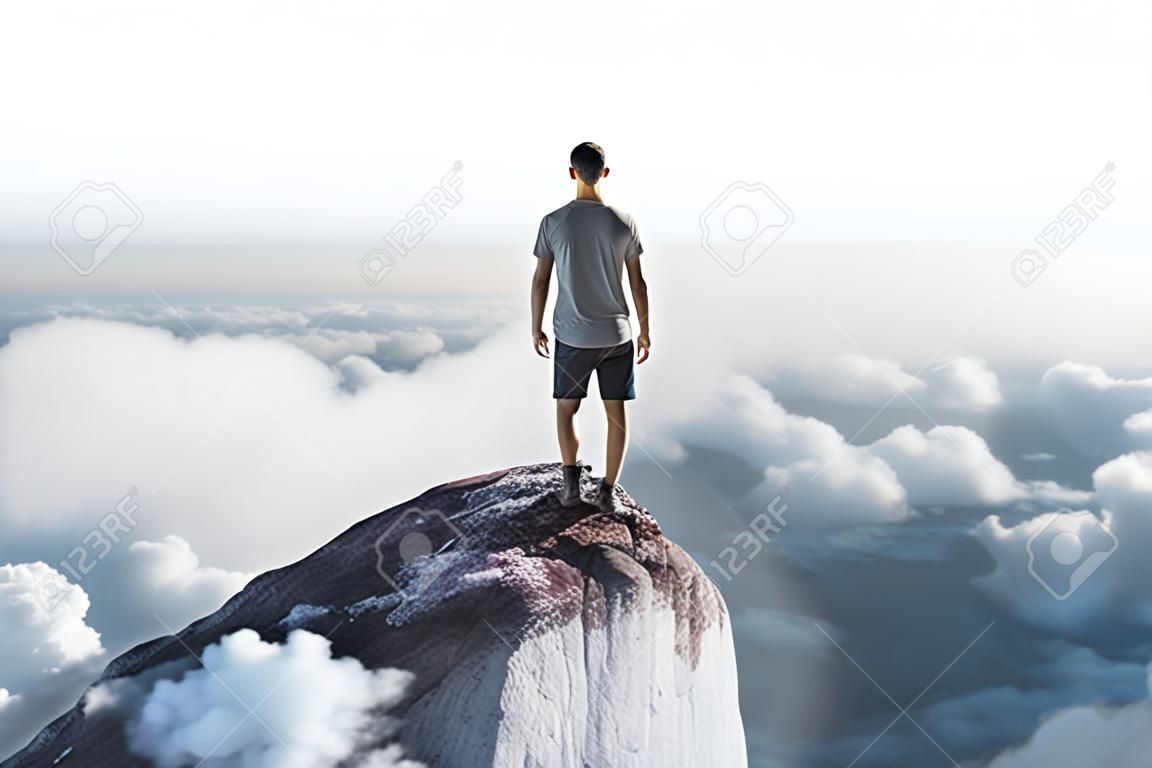 concepto de éxito de viaje con viajero mirando a la distancia desde la cima de la roca por encima de las nubes.