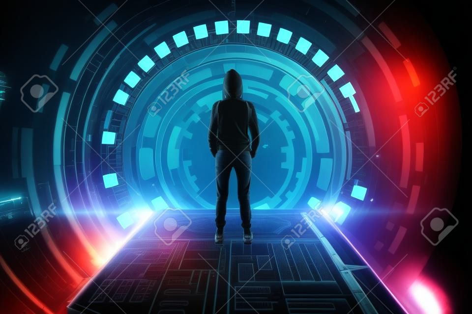 Back view of young hacker in abstract space tunnel interior. 3D Rendering