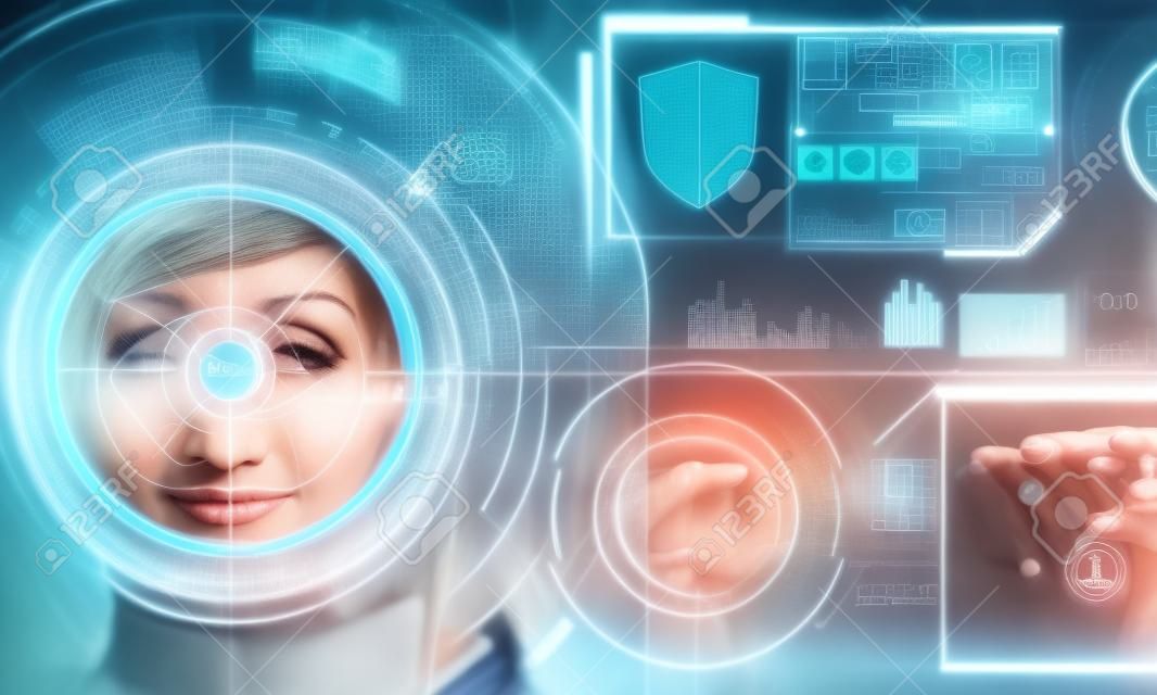 Close up of woman face with digital business interface. Biometrics and future concept. Double exposure