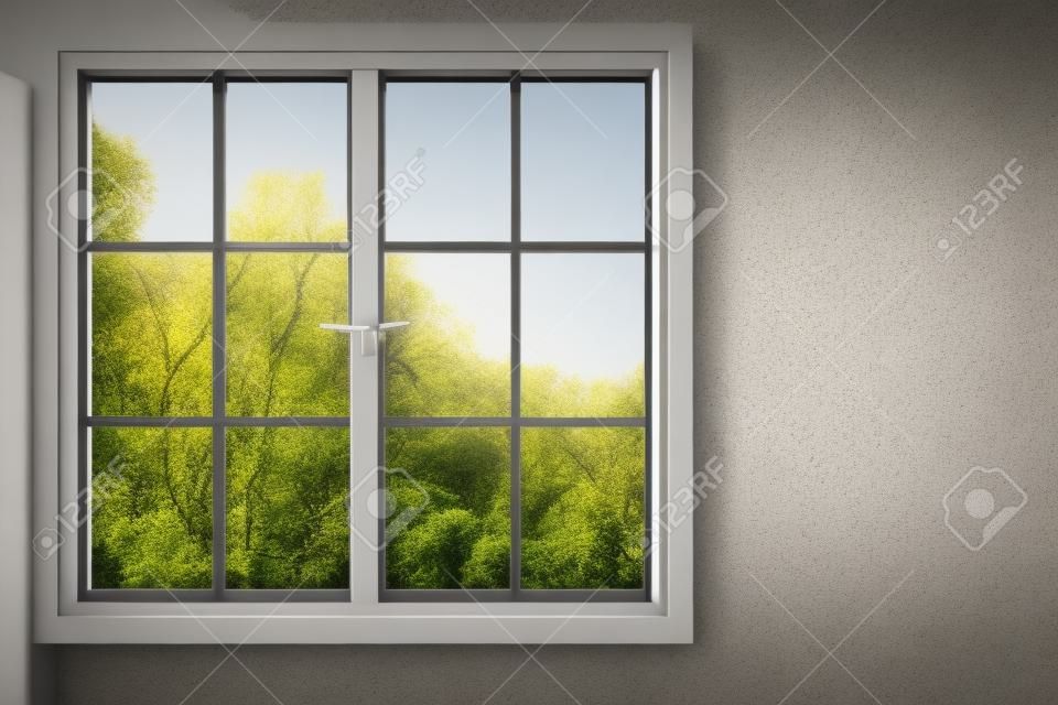 Modern window with landscape view and copy space on concrete wall. Home and design concept. 3D Rendering 