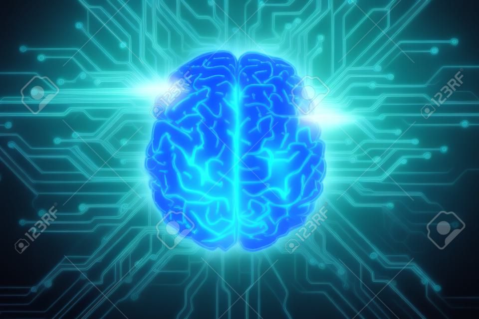 Creative glowing blue brain on circuit background. AI and hardware concept. 3D Rendering