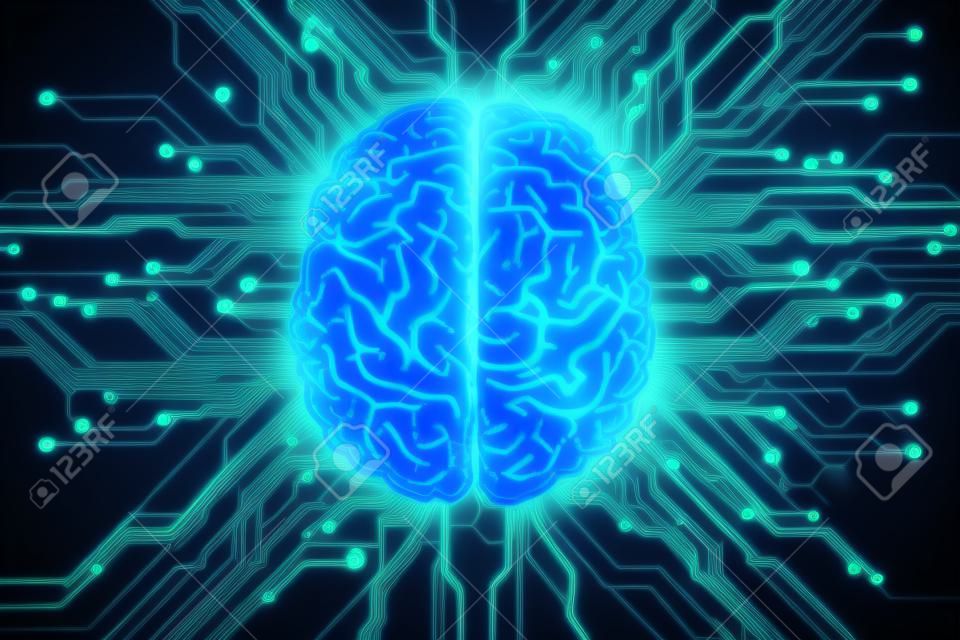 Creative glowing blue brain on circuit background. AI and hardware concept. 3D Rendering