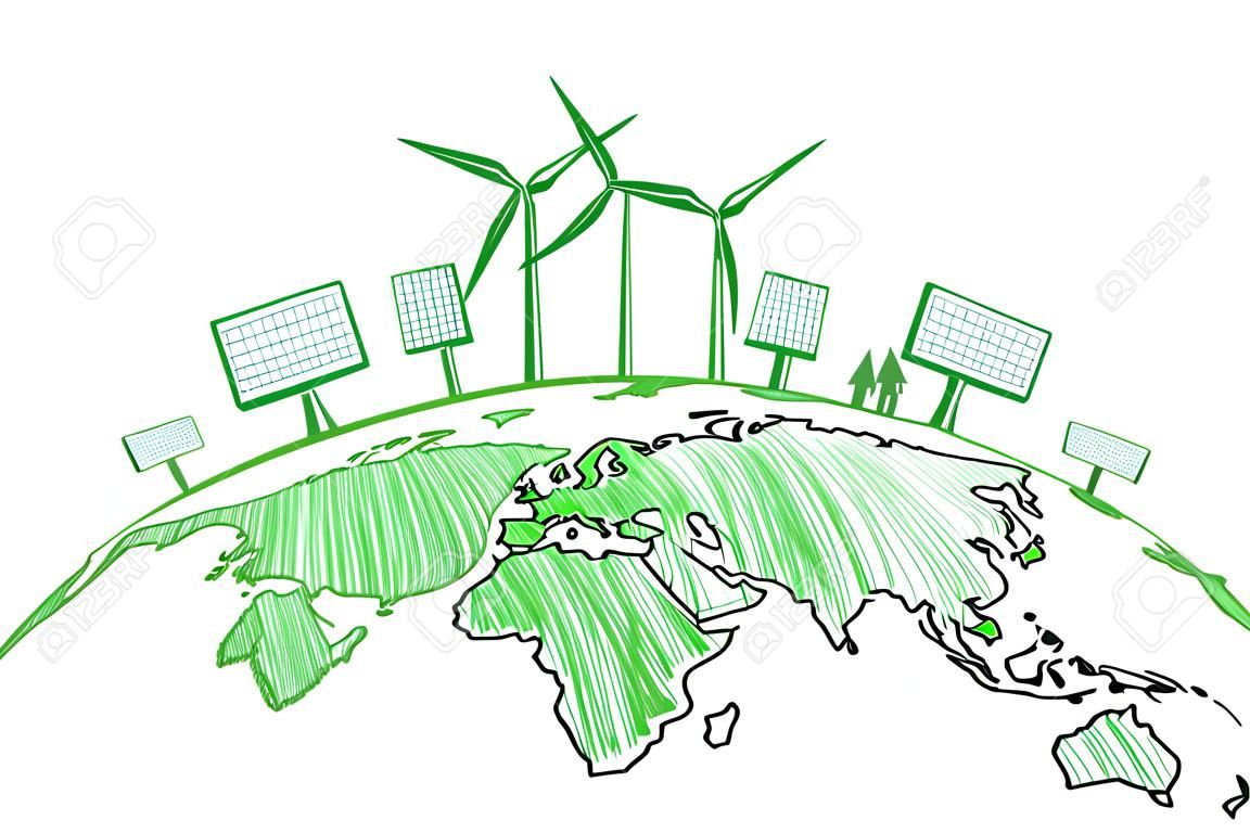 Kreative Öko-Globus-Skizze auf weißem Hintergrund. Umweltfreundliches und grünes Konzept