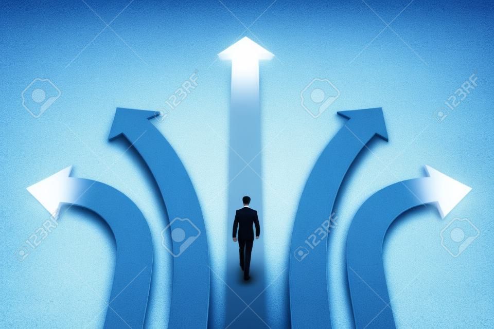 Businessman walking on abstract white and glowing arrows on concrete background. Different direction and success concept.