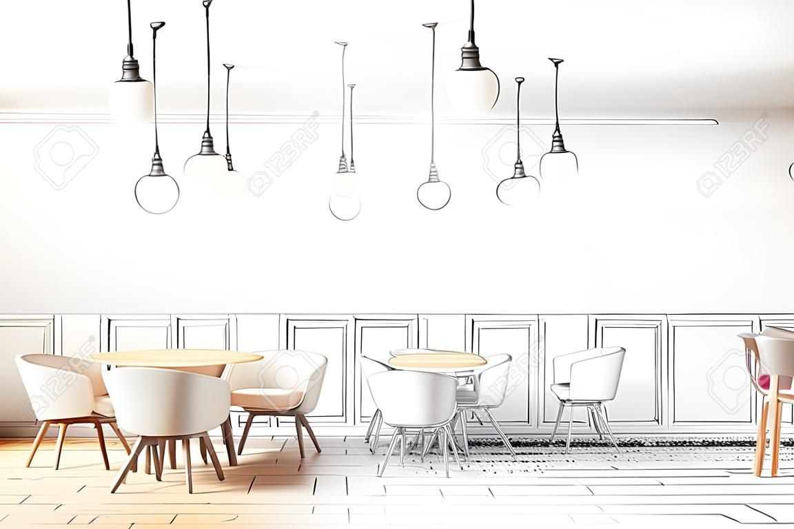 Intérieur de café classique dessiné à la main moderne avec meubles et lampes. Concept de style et de design.