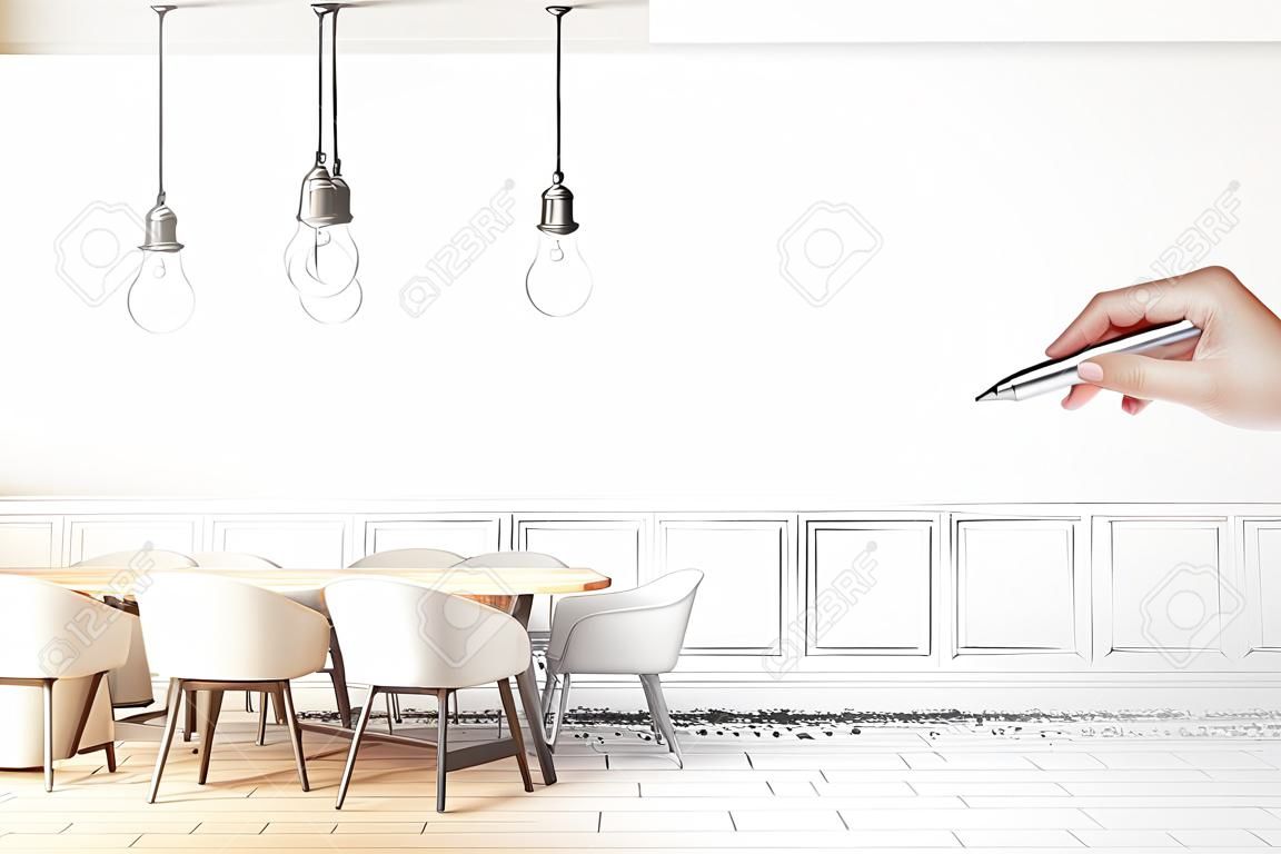 Intérieur de café classique dessiné à la main moderne avec meubles et lampes. Concept de style et de design.