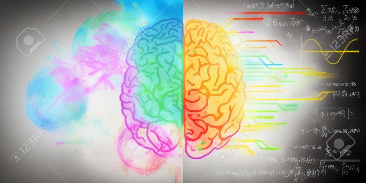 Kreative Gehirnskizze mit mathematischen Formeln und Farbspritzern. Konzept für Kunst und Geist. 3D-Rendering