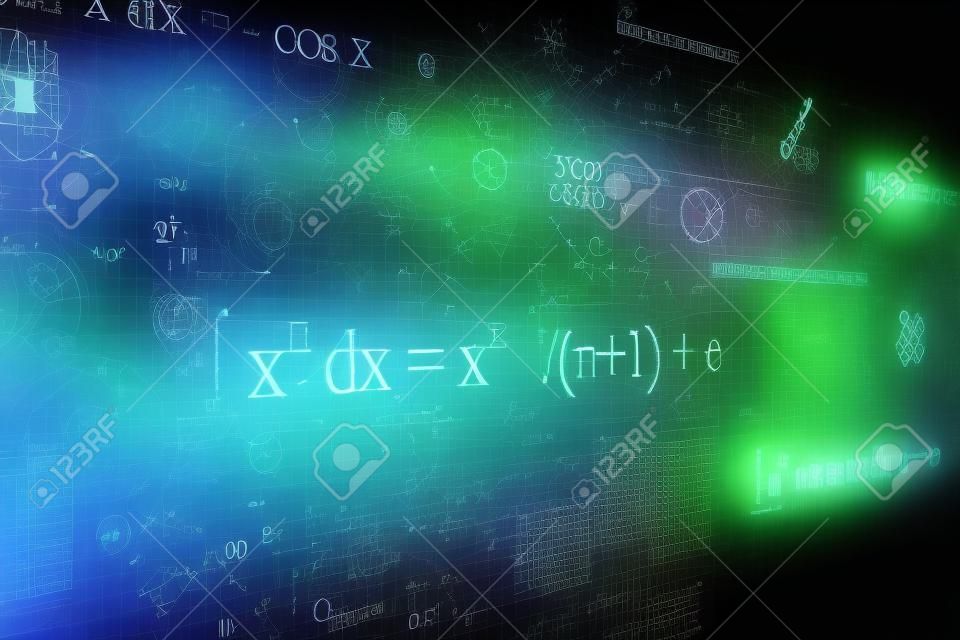 Fond d'écran créatif de formules mathématiques brillantes avec des équations. Mathématiques, algorithme et concept complexe. Rendu 3D