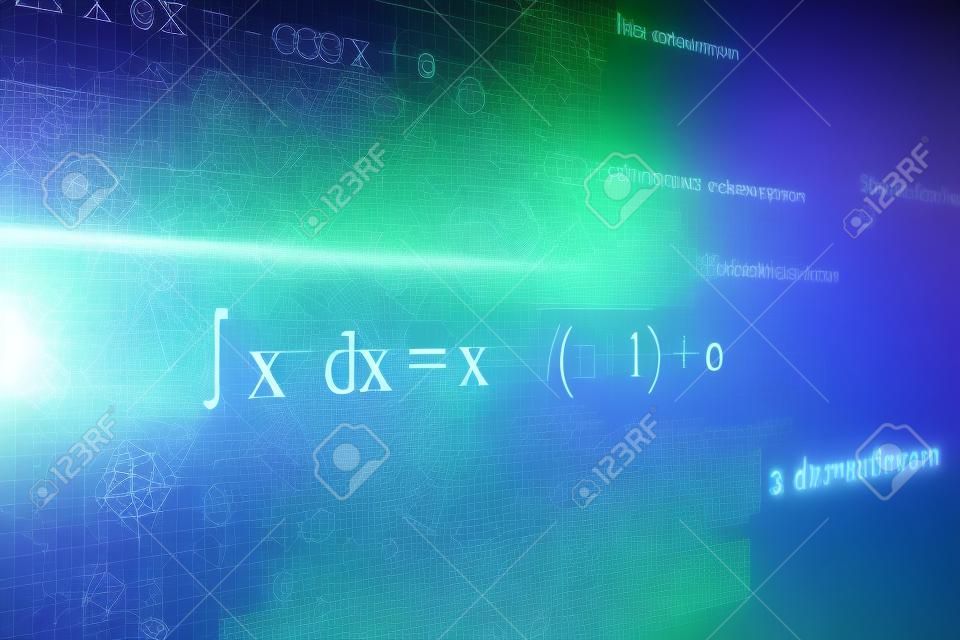 Papel de parede de fórmulas matemáticas brilhantes criativas com equações. Matemática, algoritmo e conceito complexo. Renderização 3D