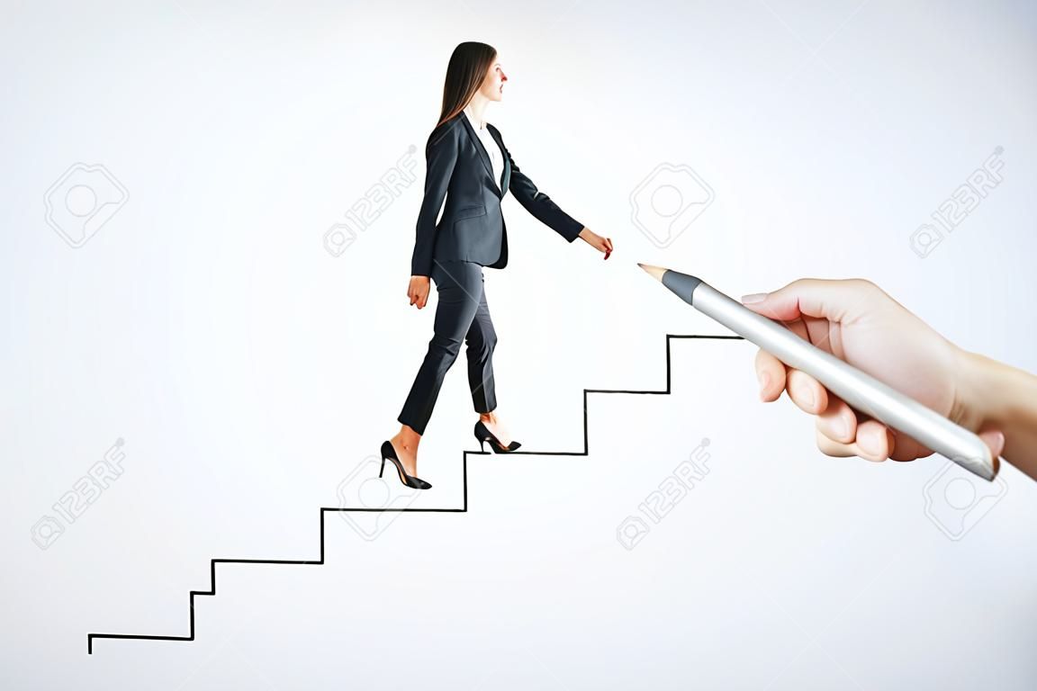 Hand drawing businesswoman walking up stairs on subtle background. Leadership and success concept