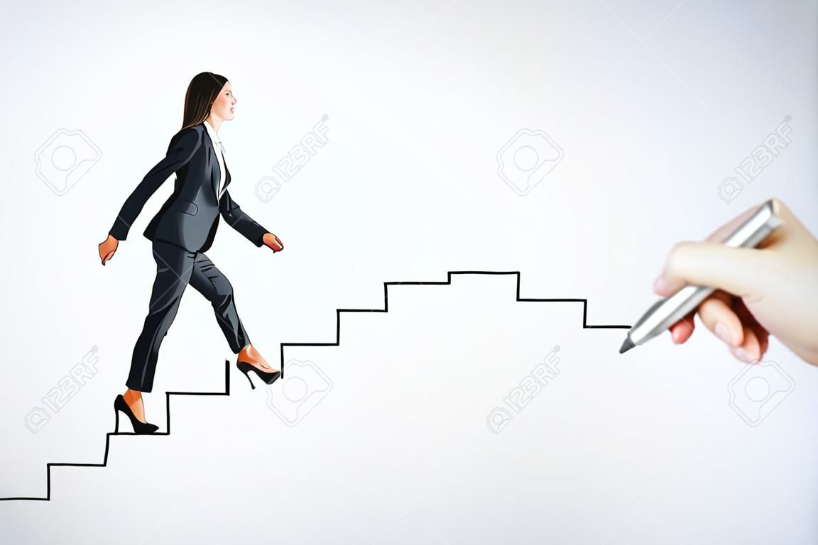 Femme d'affaires de dessin à la main qui monte les escaliers sur fond subtil. Concept de leadership et de réussite