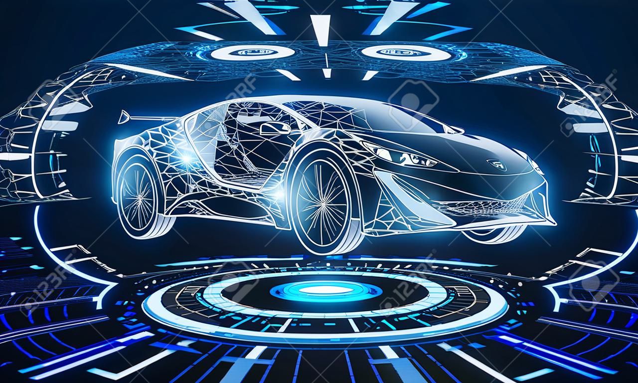 Interfaccia creativa dell'ologramma dell'automobile incandescente su sfondo blu scuro. Diagnostica dei trasporti e concetto di tecnologia futuristica. Rendering 3D
