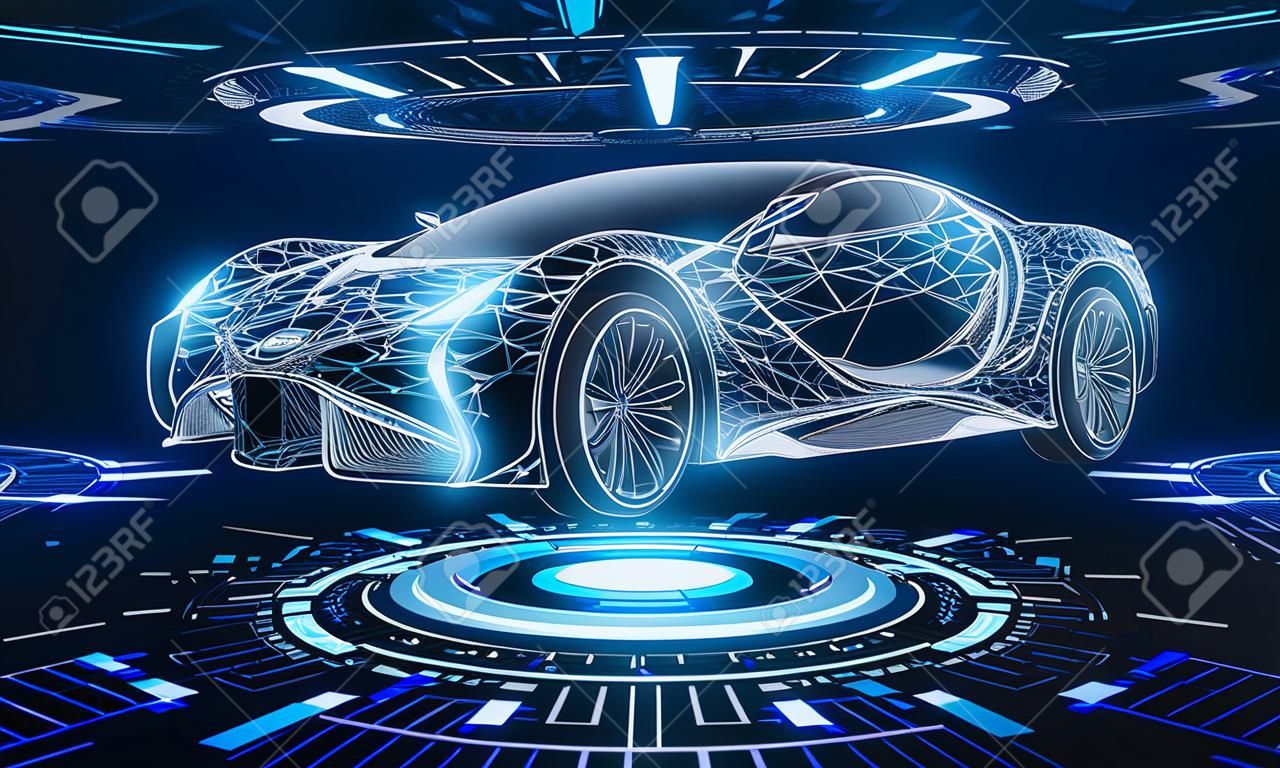 Interfaccia creativa dell'ologramma dell'automobile incandescente su sfondo blu scuro. Diagnostica dei trasporti e concetto di tecnologia futuristica. Rendering 3D