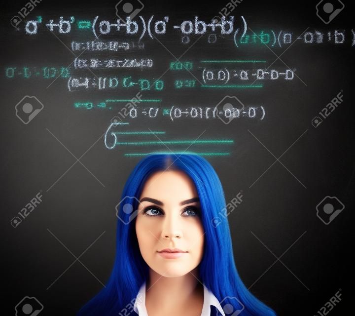 Portrait of attractive thoughtful young european businesswoman with glowing mathematical formulas on chalkboard background. Complex and algorithm concept