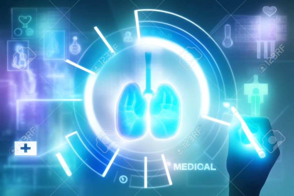 医学とイノベーションの概念。ぼやけた病院のインテリアの背景に創造的な輝く医療インターフェイスhudホログラムを使用して医師の手。多重露出