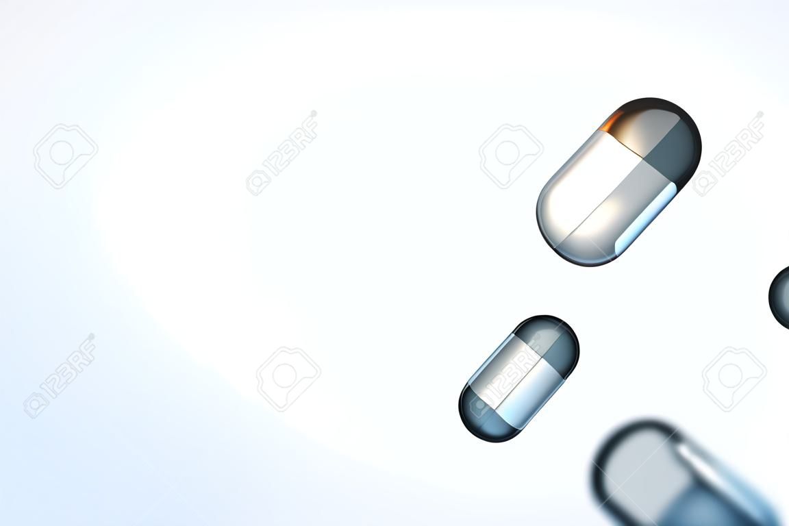 Abstract polygonal capsule and pills hologram. Medicine and illness concept. Close up. 3D Rendering