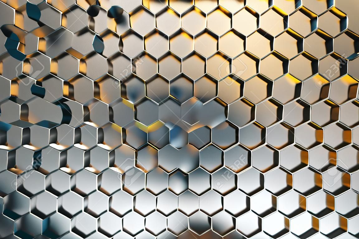 Abstrakter Kunsthintergrund mit polygonalen silbernen Honigwaben aus Stahl. 3D-Rendering