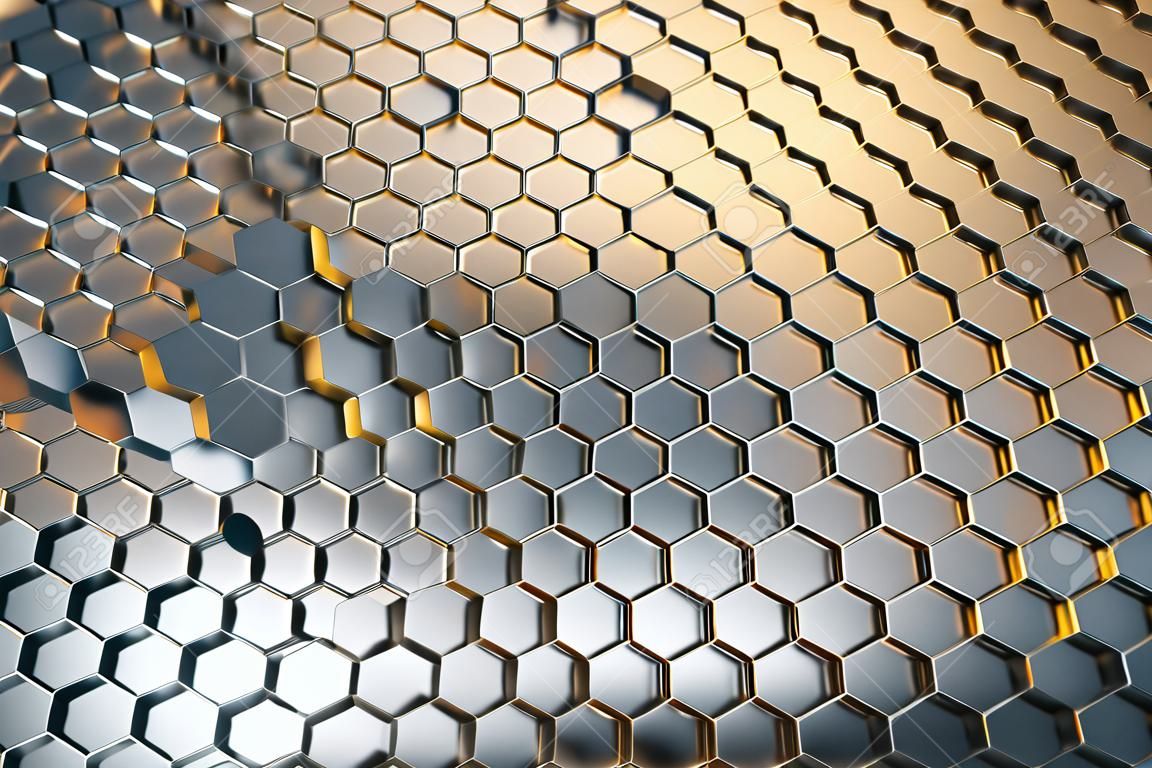 Abstrakter Kunsthintergrund mit polygonalen silbernen Honigwaben aus Stahl. 3D-Rendering