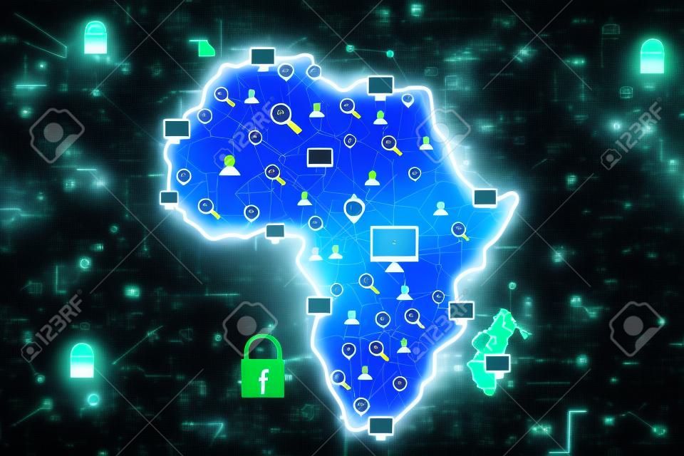 Concepto de comunicación del ciberespacio con mapa digital de África, brillantes iconos de medios sociales, señales de computadora y candados en un fondo oscuro. representación 3D