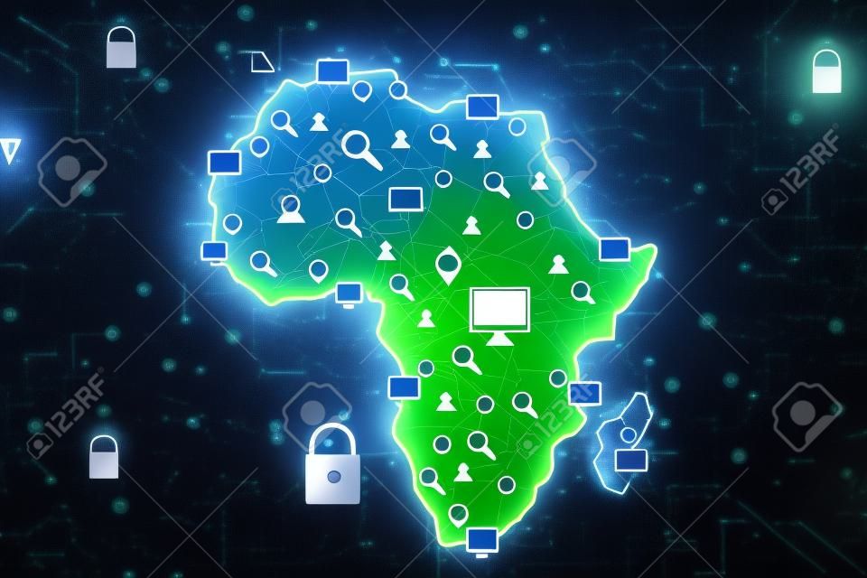 Concepto de comunicación del ciberespacio con mapa digital de África, brillantes iconos de medios sociales, señales de computadora y candados en un fondo oscuro. representación 3D