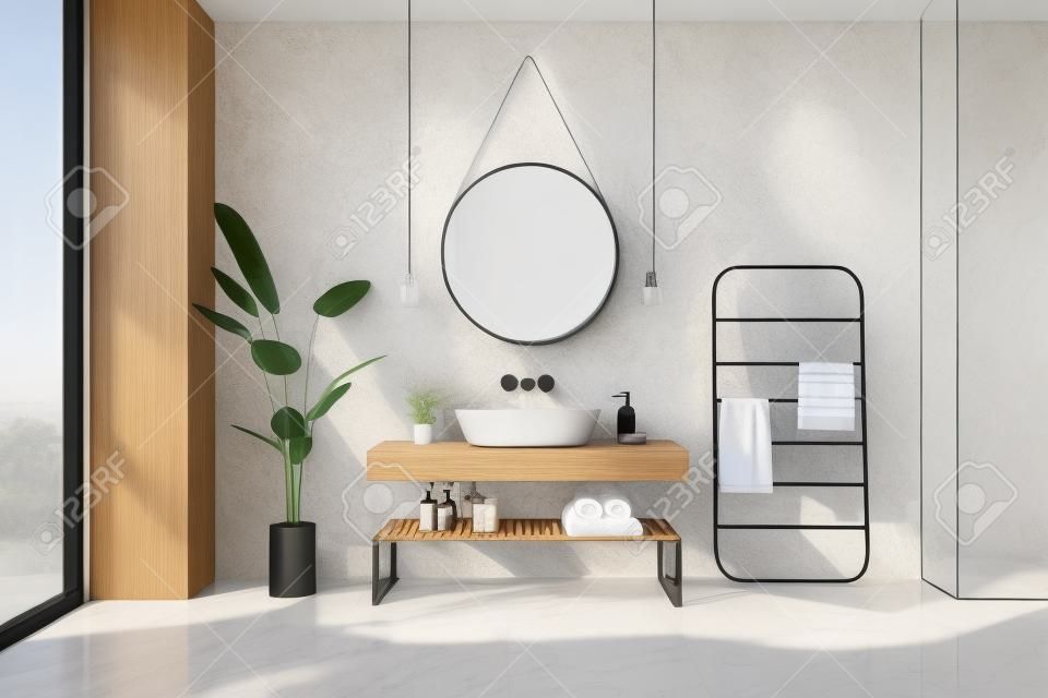 Front view on stylish sunlit bathroom with eco decoration, wooden sink cabinet and floor, round mirror on white wall background, city view from panoramic window and black towel holder. 3D rendering