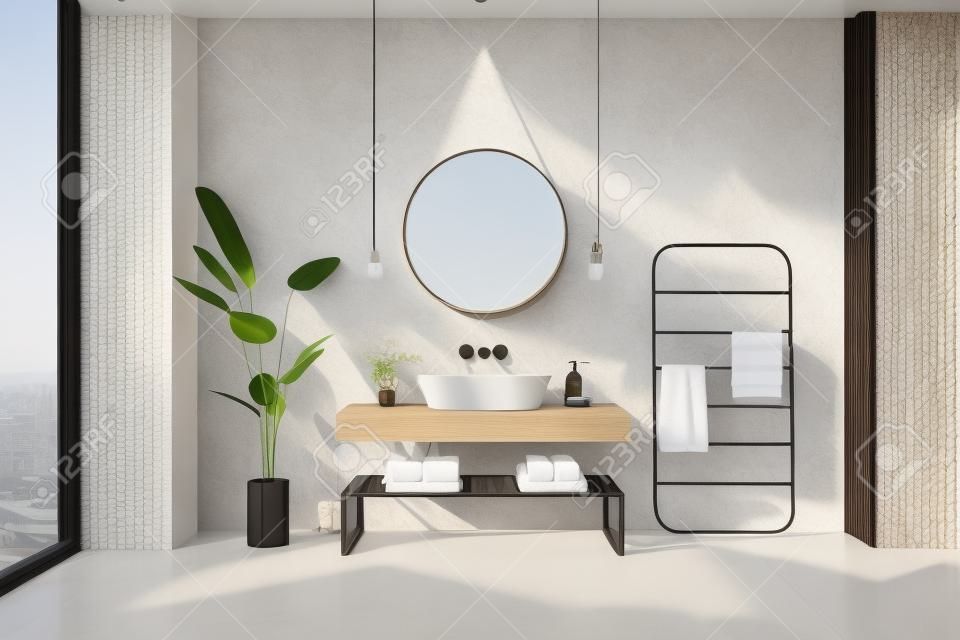 Front view on stylish sunlit bathroom with eco decoration, wooden sink cabinet and floor, round mirror on white wall background, city view from panoramic window and black towel holder. 3D rendering
