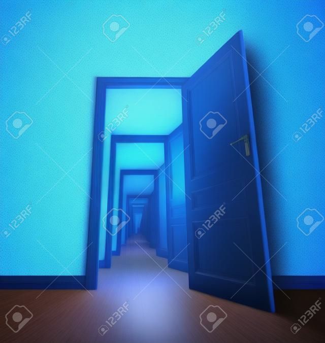 青い部屋で開いたドアを廊下