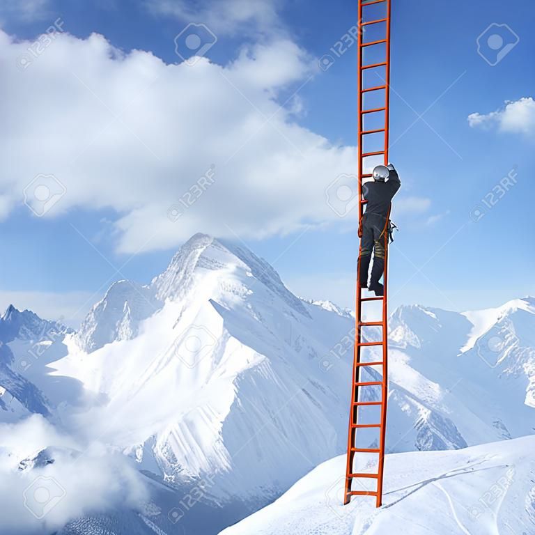 man climbing on ladder and mountains